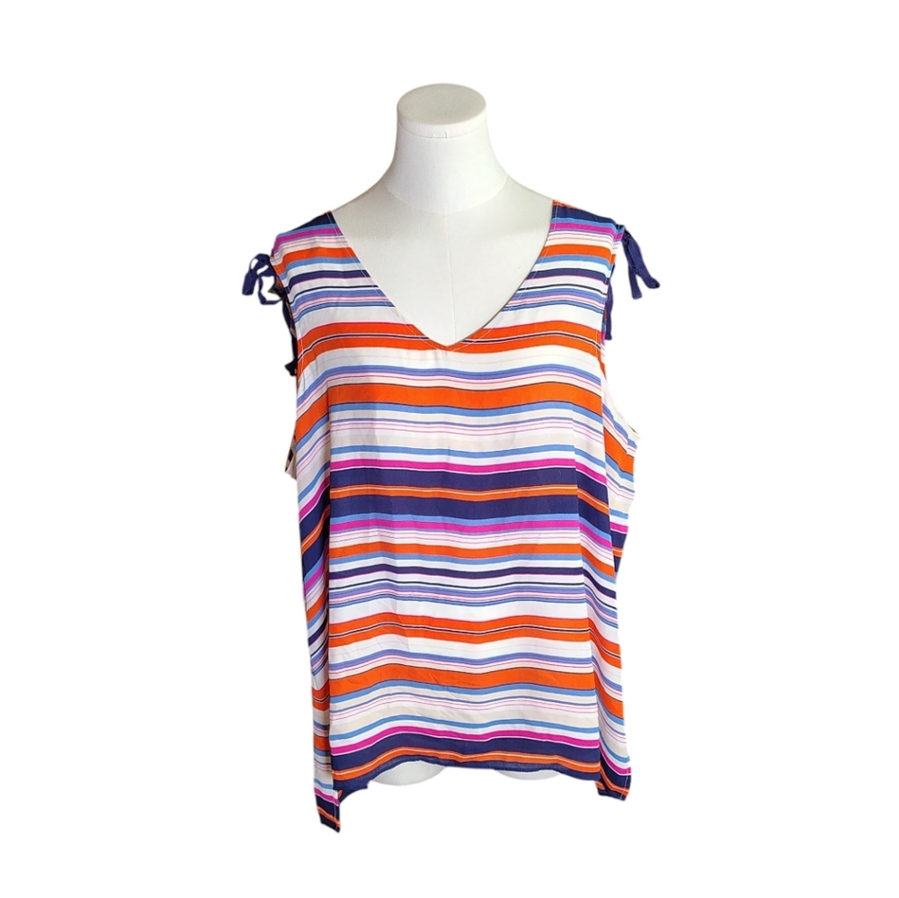 Rose + Olive Multicolor Orange Blue Striped Sleeveless Blouse With Ties Size 1X